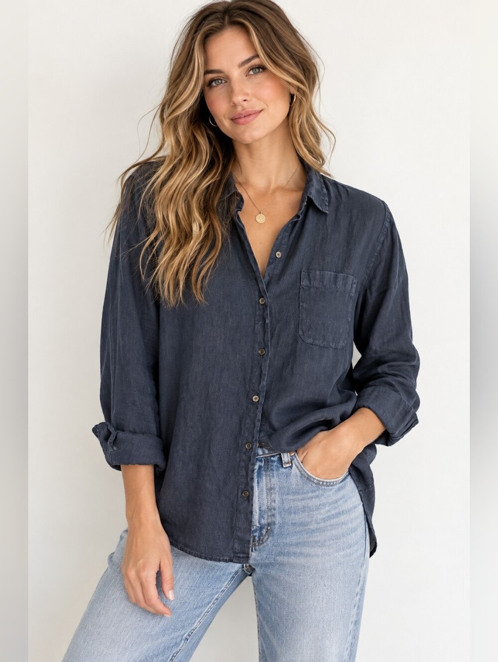Velvet by Graham & Spencer 100% Linen Button Down Shirt Navy Blue Small